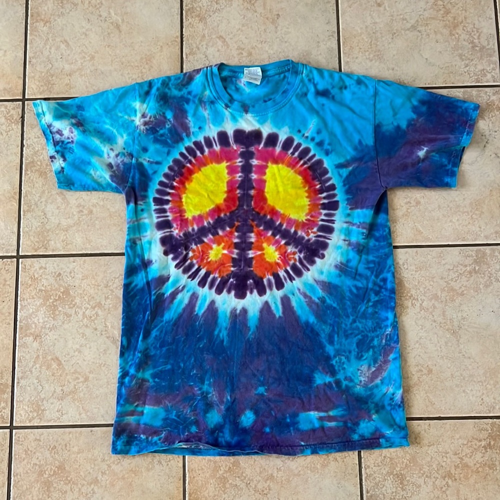 Blue and‎ Purple Peace Sign Custom Tie Dye TShirt, Sz Medium